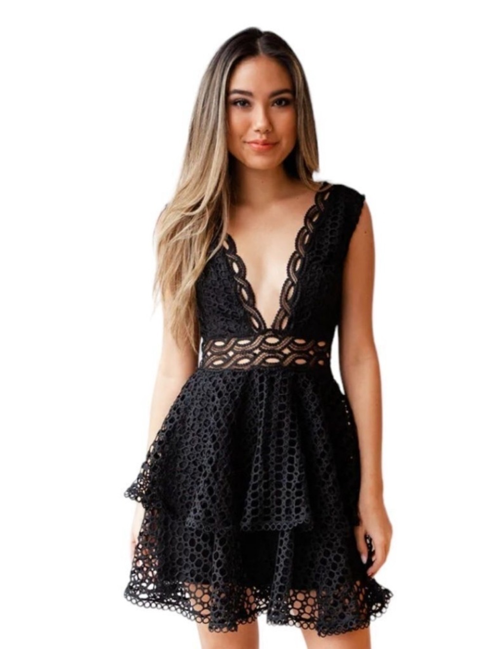 Mad For Love tiered, crocheted lace deep V-neck dress size small